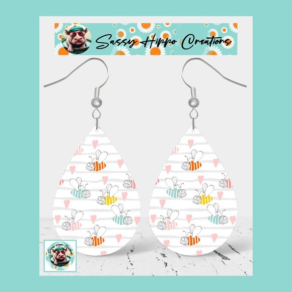 Earrings Colorful Striped Bumble Bees Pink Hearts Sublimated Printed on MDF - Picture 1 of 4